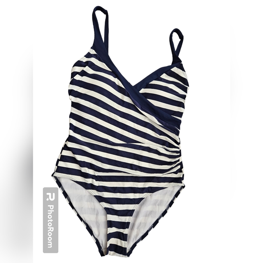 Navy & White Striped One-Piece Swimsuit - Classic Wrap Front